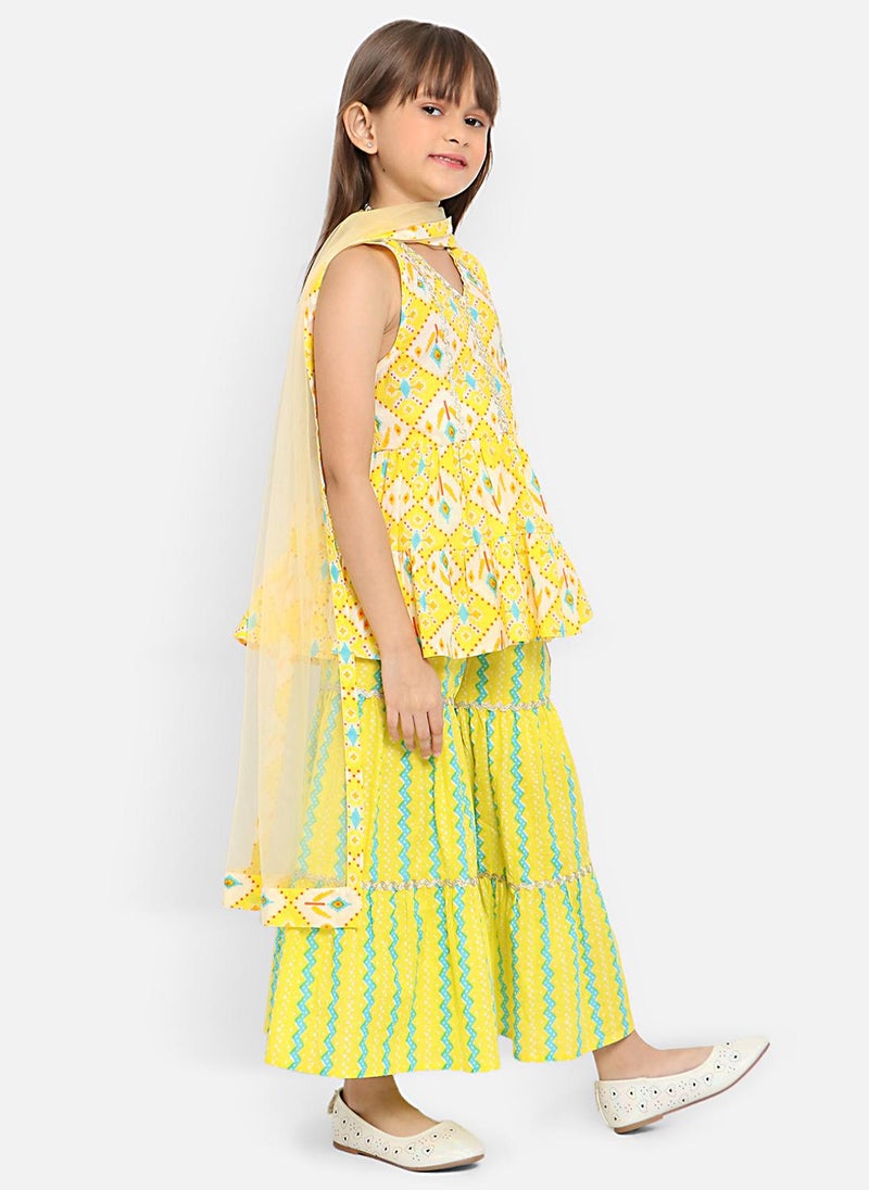 Nautinati Girls' 100% Cotton All-over Print Ikat Print Kurti with Wavy-striped Sharara & Net Dupatta - Image 4